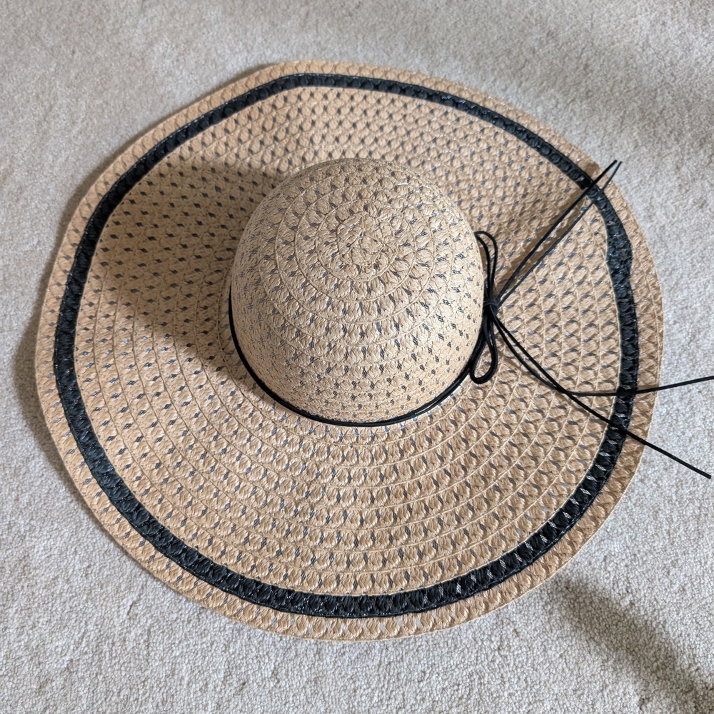Wide Brim Straw Sun Hat | Floppy Woven Beach Hat with Black Trim | Bohemian - Picture 3 of 5